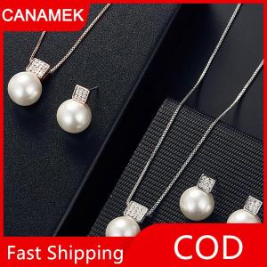【CANAMEK】 3Pcs Thời Trang Thanh Lịch Giả Ngọc Trai Thạch Hình Học Vòng Cổ Bông Tai Cho Phụ Nữ Cô Dâu Wedding Party Trang Sức Set Quà Tặng