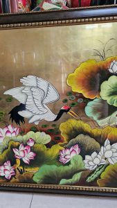 Tranh sơn mài Sen Hạc đắp nổi hàng xuất khẩu 90x170 cm trang trí nhà cửa quà tặng tân gia khai trương ý nghĩa