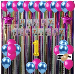 Set Pesta Dekorasi Banner Happy Birthday Labubu Balon Pink Biru Muda Ulang Tahun Anak Cewek