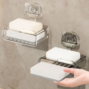 CHPERF Double Layer Bathroom Soap Box Punch-free Suction Cup Drainage Soap Storage Rack Clear with Sponge Soap Dish Tray for Kitchen Sink