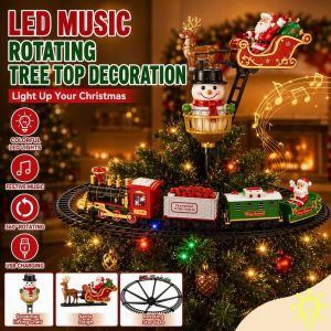 Christmas Tree Topper Rotating Star Base Santa Sleigh Snowman Set LED Light Music USB Decor
