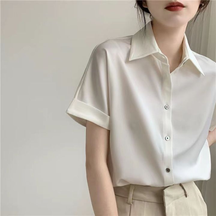 Elegant Women Chiffon Shirt White Office Summer Short Sleeve Summer Ladies  Tops Casual Loose Plus Size Button Up Blouse | Lazada Singapore