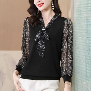 Ladies Bow Floral Chiffon Shirt Stitching Knit Small Shirt Plus Size Top Bottoming Shirt Shirt