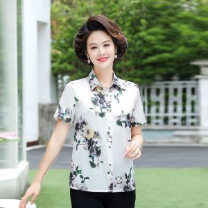 Middle-aged Elderly Mother Summer Western Style Shirt Top Women 40 Years Old 50 Short-Sleeved Large Size Simulation Silk Loose Printed