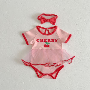 【Free Headband】BestBorn Newborn Baby Girls Cute Tutu Skirt Baby Princess Cherry Mesh Romper Dress Socks Clothes Set