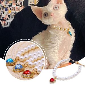 DGFDF Love-Hearts Pet Pearl Necklace Cute Adjustable Cat Love Hearts Collar Personalized Rhinestone Dog Neck Chain Puppy Necklet