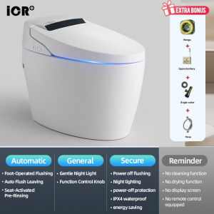Smart Toilet Built Tank No Water Pressure Needed Auto Open Close Seat Bidet Feminine Wash Warm Air Dry Foot Touch Flush
