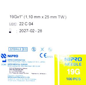 Nipro  Sterile Medical Needle 19g x 1 inch (25MM) - 100S ( 5 boxes + 1 Box FOC )  Expiry  2028
