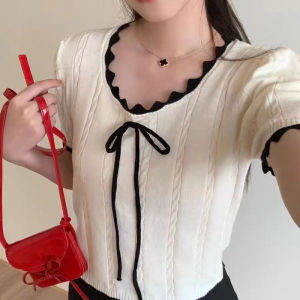 🔥Fran🔥 blouses women new style 2025 Bow Lace-up Knitwear Wave Edge Contrasting Color Top Slim Fitting Short Sleeved Knitwear Women