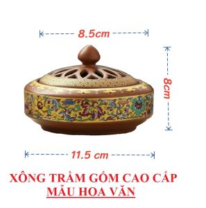 Lư Xông Trầm Hương Đỉnh đốt nhang bằng gốm sứ cao cấp có hoa văn chạm khắc - Lư oval họa tiết
