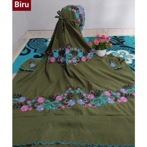 Mukena Terusan Dewasa Bahan Katun Mikro Warna Hijau Army Bordir Bunga Alysum Indah