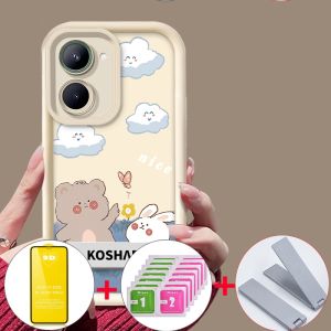 With Tempered Glass Case for Realme C33 5G 10 4G C55 NFC C55 5G phone casing Softcase Silicone shockproof Cover new design aesthetic Cartoon Bear Rabbit with holder JTMCBXX01