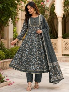 Ethnic Cotton Kurti Pant n Dupatta Set | Embroidery | Gota & Lace Work | Color Grey | [READYSTOCK SGP]