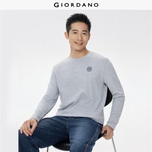 GIORDANO Men T-Shirts Letter Embroidery Plain Weave Tee Crewneck Long Sleeve Fashionable Casual T-Shirts 13026860