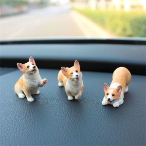 PENGQ Car Accessories Interior Accessories Childrens Gift Resin Figures Dog Doll Mini Animal Miniature Figurines Car Ornament Simulation Dog Corgi Model