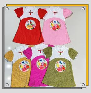 Baju Budak Perempuan Kids Girls Cheongsam Dress Short Sleeve High Neck Baggy Cotton Floral Print Chinese Knot Style Pakaian Hari Raya
