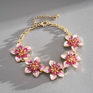 KAKA Floral Jewelry Five-leaf Flower Bracelet Fashion Pink Dripping Dripping Flower Bracelet Trendy Adjustable Hand Chain Summer Vacation Style