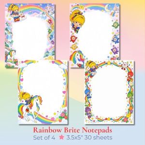 Rainbow Brite Notepad Set 4pcs 30 Sheets 3.5x5" + Sticker Pack 12pcs | Cute Stationery Gift Set Collectible