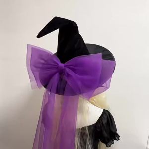 Halloween cos Oversized Black Tulle Bow Witch Hat Dark Gothic Female Magic Witch Hat Headwear