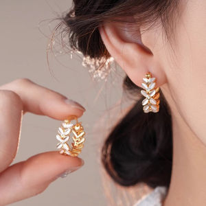 Fashionable Ring Gift 韩式气质小众设计锆石叶子圆环耳扣女轻奢时尚精致高级感大气耳环