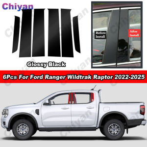 6Pcs Glossy Black / Carbon Fiber PC Material Car Door Window Center Middle B C Pillar Post Column Cover Mirror Effect Trim Sticker For Ranger Wildtrak Raptor 2022 2023 2024 2025