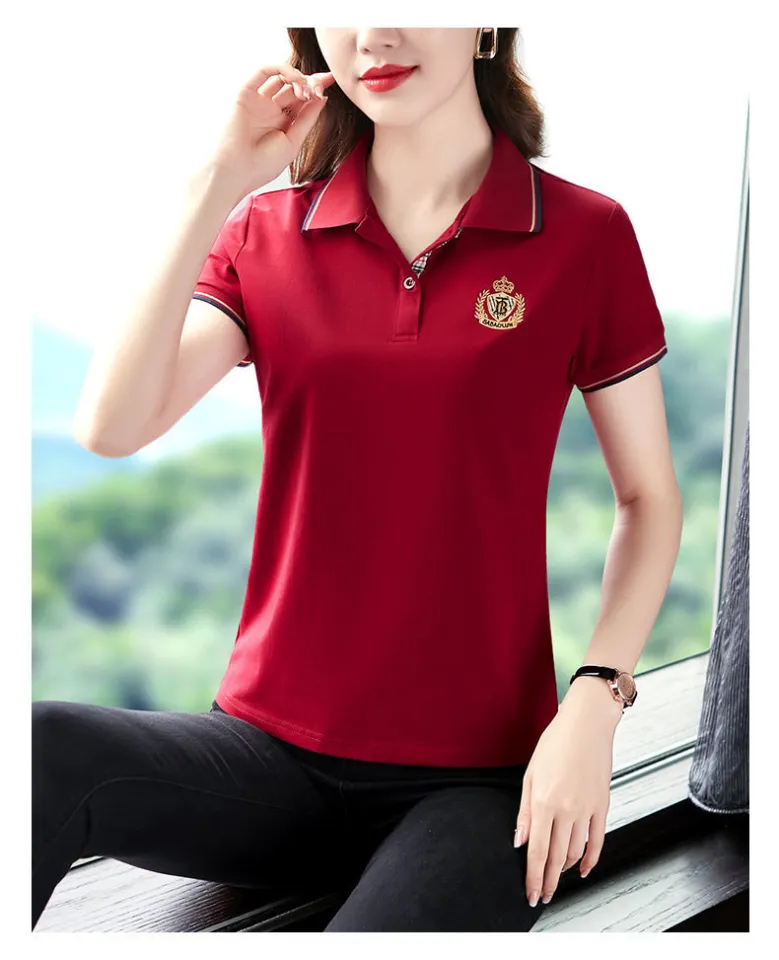 HERE&NOW - By Myntra Casual T-Shirts For Women Red Polo Collar Crop Short  Sleeves Solid Cotton Ready to Wear T-shirt Clothing Zip Closure Top 