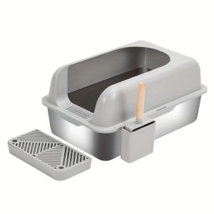 Pet Litter Box with Scoop - Stainless Steel Enclosed Cat Litter Box for Old and Short-Legged Cats
