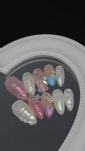 [HANDMADE]Artificial Nail Almond Aurora Pink Butterfly Phototpy Press on Nails Reusable and Removable Nails with Toolkit