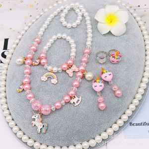 O-KAY 6 pcs Unicorn Anak-anak Gelang Gelang Set Gelang Anting Cincin Kalung Kalung Anak Perempuan Aksesoris Bayi Perhiasan