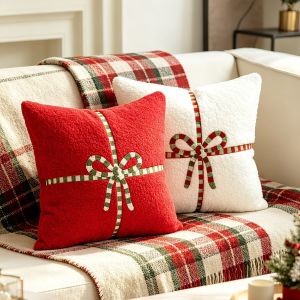 Christmas Red Bow Cushion Cover Premium White Teddy Fleece Embroidered Throw Pillow Case Fluffy Holiday Decor for Sofa Couch