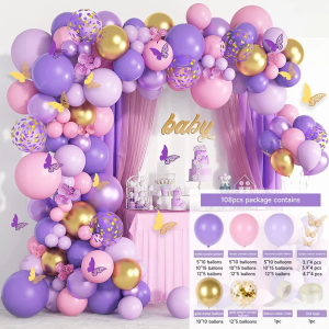 Balon Kupu-kupu Ungu Pink 108 Pcs Dekorasi Pesta Balon Karangan Bunga Lengkungan Ulang Tahun Pernikahan/Kebutuhan Pesta Balon Baby Shower