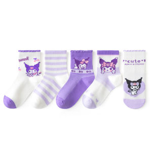 Sanrio Kuromi ถุงเท้าเด็กถุงเท้าเด็กกลางลูกวัวลายการ์ตูนน่ารักเมโลดี้ถุงเท้าผ้าฝ้ายของขวัญสำหรับเด็กผู้หญิง5คู่