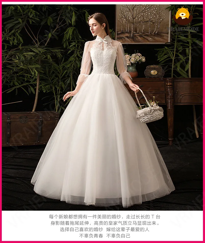 Giảm giá Váy cưới trắng cổ trụ tay dài phối ren cao cấp, đầm cưới tối giản  - Mua Thông Minh