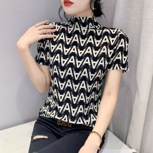 Yimei nửa cổ cao retro Áo phông in hình thời trang nữ 2023 mùa thu Áo sơ mi mặc trong mới ôm vừa đẹp Quảng Châu tay ngắn áo lưới