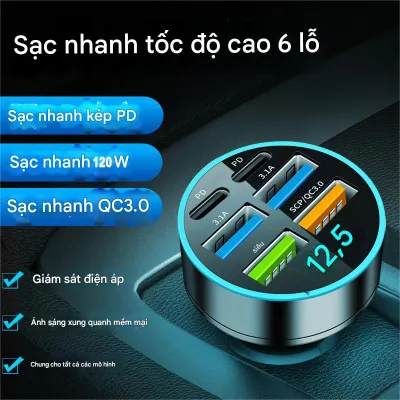 12V/24V Tẩu Sạc Nhanh 3.1A USB Type - C 6 Cổng 120W Có Đèn LED Cho Xe Hơi-CA666