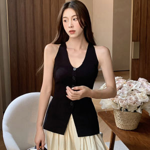 FASHLOVER Simple Temperament Vest Single Breasted Knitwear Waist Retraction Women Sleeveless