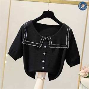 💥[A093] Áo len thun nữ Montoghi dệt kim CỔ LÁ SEN VUÔNG tay ngắn phối nút thanh lịch và nữ tính - L2M