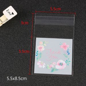 MIRELAE 100PCS Self-Adhesive Birthday Flower Thank you Baking Biscuit Wrapping Supplies Candy Pockets Cookie Bags Packaging Bag