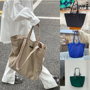 XINSU38 Shoulder Bag Plaid Double-side Canvas Bags Solid Color Large Capacity Vacation Tote Bag Office Worker Tote Korean Style Shopping