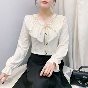 Yimei Xuân Hè Mới Ruffle cạnh gắn áo sơ mi với cổ áo dài tay ngọt ngào và thanh lịch lỏng lẻo hàng đầu giản dị