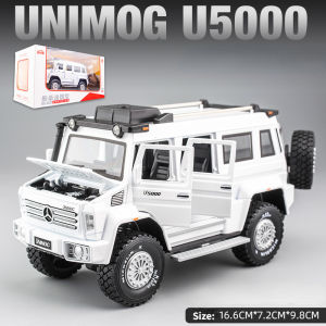 【WJ】Simulation 1:28 MB Unimog U5000 sound and light pull back off road alloy car model ornaments childrens toys