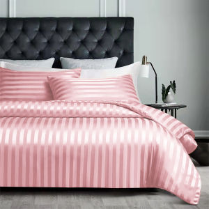 Abraca Dabra Premium Plain Stripe Satin 4in1 Bedding Set Cooling Silky Satin Fitted Bedsheet Quilt Cover With Zipper Pillowcases Single Super Single Queen King Super King Sizes Suitable For Mattress of 14 inches