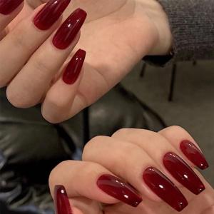 【Ready Stock/COD】24pcs/Box Jelly Red Full Cover Coffin Long Ballerina False Nails Wearable