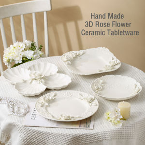 Roborobo Rose Flower Hand-made European Relief 3D Sticky Ceramic Tableware Dinner Plate Cup And Saucer