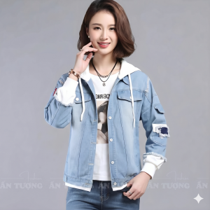 Áo khoác Jeans bò nữ form OverSize mẫu có nón nỉ trắng thêu Logo AJ005