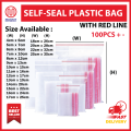 100pieces - Plastic Zipper Bag / Zip Lock Bag / Zip Bag / Transparent Packaging Plastic Bag with Sealable Zipper Zip Lock / RED LINE( many SIZES AVAIALBLE ). 