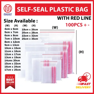 100pieces - Plastic Zipper Bag / Zip Lock Bag / Zip Bag / Transparent Packaging Plastic Bag with Sealable Zipper Zip Lock / RED LINE