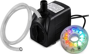 PULACO 10Watt 160GPH Submersible Fountain Pump with Automatic Color Changing LED Light and flow regulator for Water Feature Outdoor Pond Aquarium fish tanks