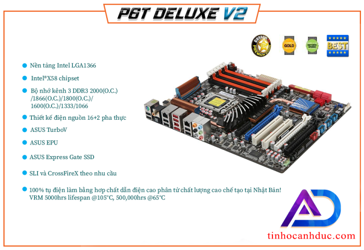 Bo mạch chủ Asus P6T Deluxe V2 Khe RAM support cpu Intel core i3