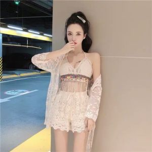 Ren 23- Set bộ bơi ren đi biển tua rua - set 3 món - áo bra tua rua dài - quần ren - choàng ren hoa nhỏ